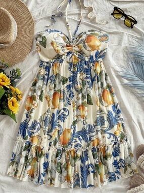 Lemon Halter Mini Dress in Cream, Blue & Yellow